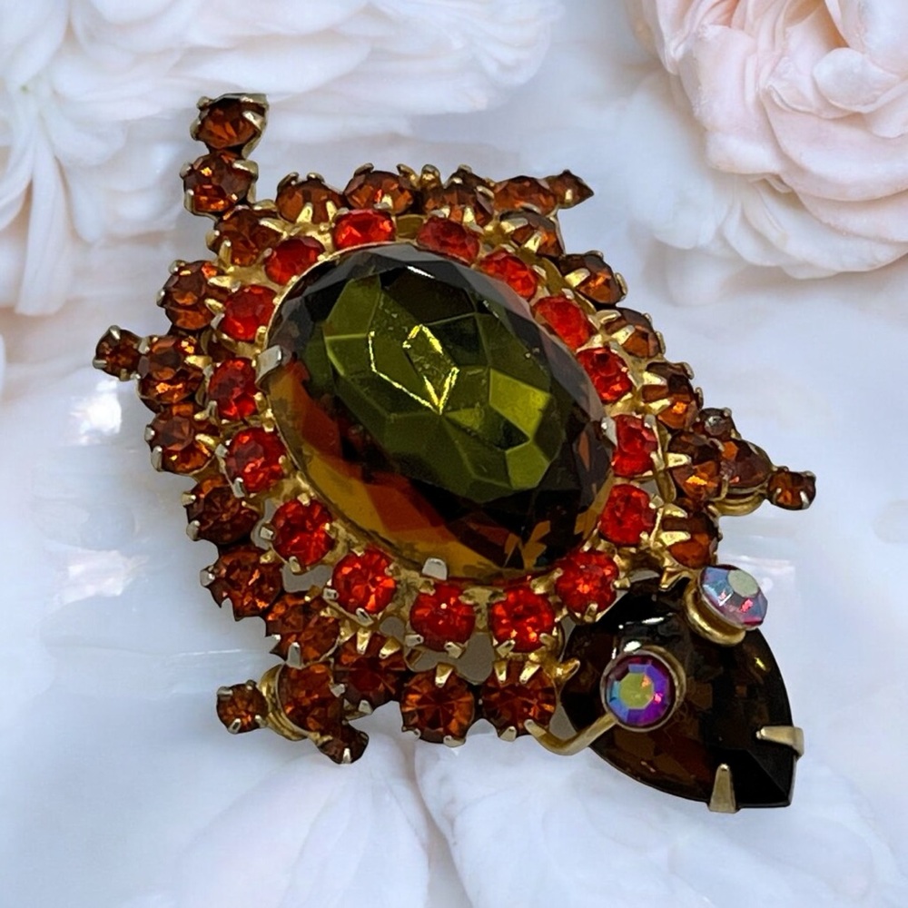 Sold! Juliana D&E Amber Rhinestones Watermelon Heliotrope Bellied Turtle Brooch